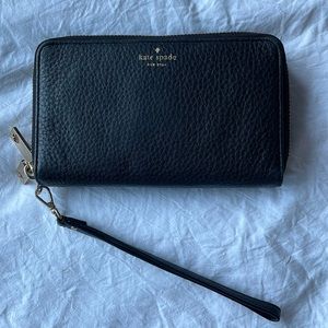Kate Spade Grey Street Tiera Pebbled Black Leather Double Zip Wristlet Wallet